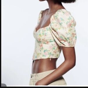 Zara Floral Corset Puff Sleeve Crop Blouse Size Medium